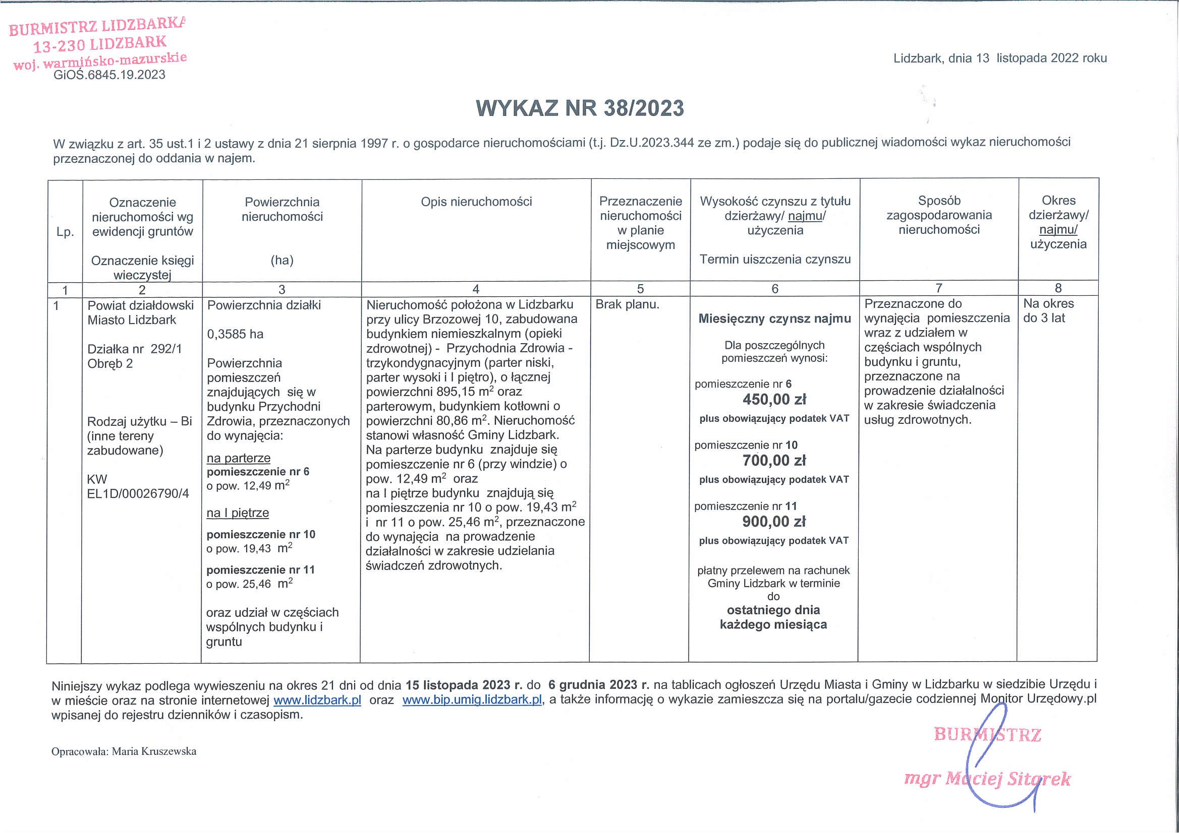 Wykaz Nr 38/2023 - Nieruchomość lokalowa - pomieszczenia w budynku Przychodni Zdrowia przy ul. Brzozowej 10 w Lidzbarku